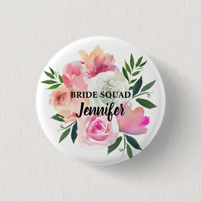 Bride Squad, Tribe, Team Pink Blush & Gray Floral Button (Front)
