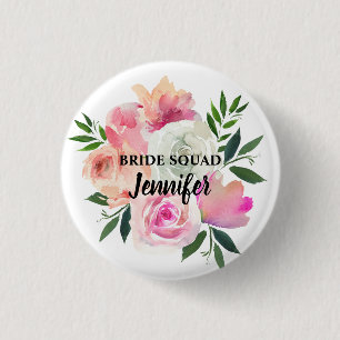 Bride Squad, Tribe, Team Pink Blush & Gray Floral Button