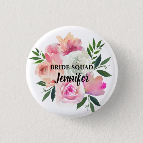Bride Squad Tribe Team Pink Blush  Gray Floral Button