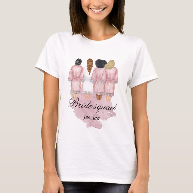 bride squad wedding robe monogram pink T-Shirt (Front)