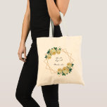 Bride Squad Yellow Floral Elegant Gold Glitter Geo Tote Bag<br><div class="desc">Bride Squad Bridesmaid tote bag. The design features an elegant faux gold glitter geometric frame pattern. Overlaid with watercolor yellow roses and greenery foliage on two corners. Personalize this template to add your bridesmaid's name. Click to customize further to make more changes and to add to the backside of the...</div>