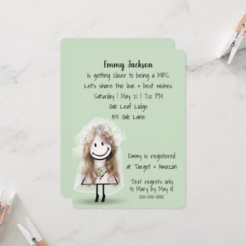 Bride Stick Figure Girl on Green Invitation