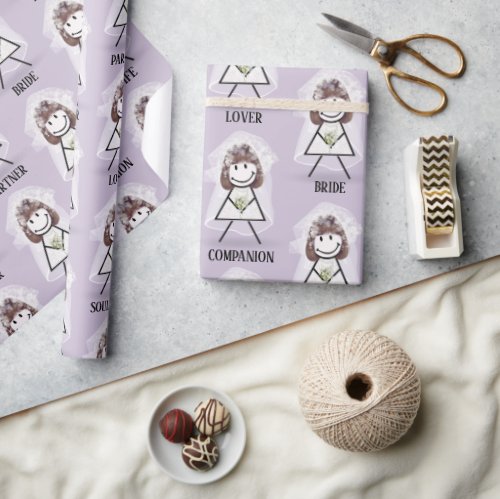 Bride Stick Figure Girl with Bridal Text on Purple Wrapping Paper