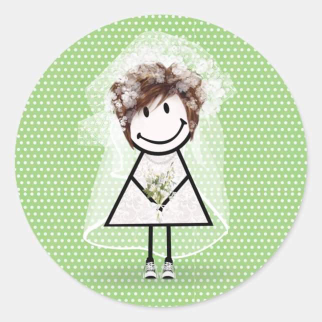 Bride Stick Girl In Sneakers On Polka Dots Classic Round Sticker (Front)