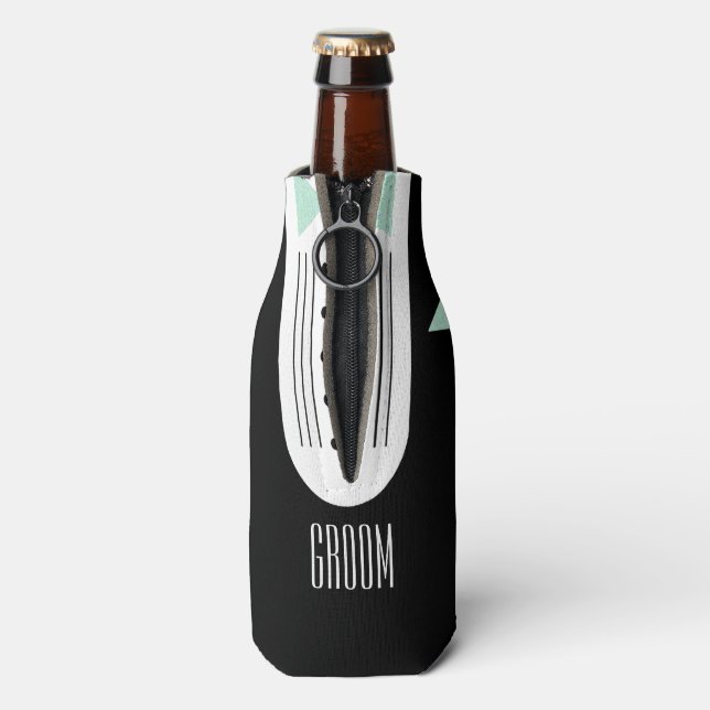 BRIDE Teal Blue & Black Tuxedo Bridal Party Groom Bottle Cooler (Bottle Back)