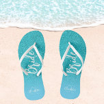 Bride teal blue glitter aqua sea green monogram flip flops<br><div class="desc">A teal,  blue sea,  ocean green glitter gradient background. Personalize and add a name and monogram letters. A modern hand lettered style script,  white and blue letters</div>