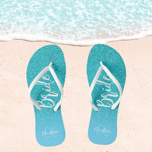 Bride teal blue glitter aqua sea green monogram flip flops