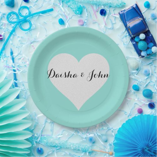 BRIDE Teal Blue  Silver Heart Bridal Shower Party Paper Plates
