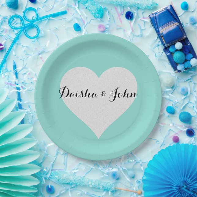 BRIDE Teal Blue & Silver Heart Bridal Shower Party Paper Plates (Party)