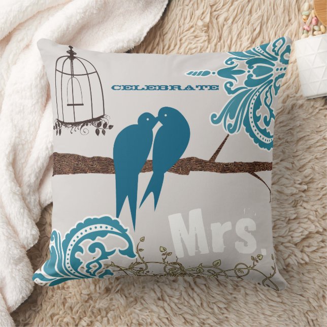 Bride Teal Damask Kissing Love Birds Birdcage Throw Pillow (Blanket)