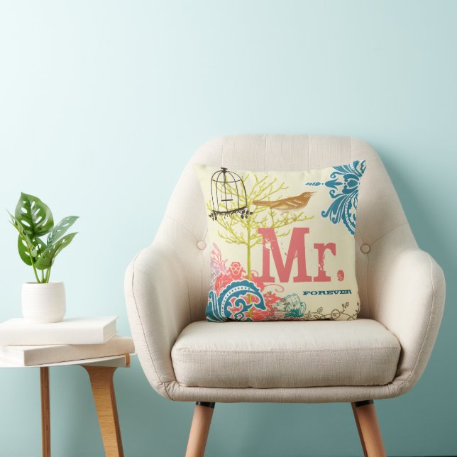 Bride Teal Damask Love Bird  Birdcage Mr. Forever Throw Pillow (Chair)