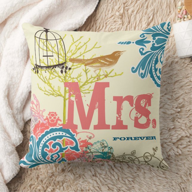 Bride Teal Damask Love Bird  Birdcage Mrs. Forever Throw Pillow (Blanket)