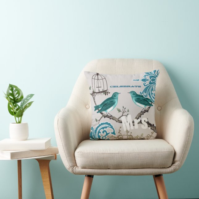 Bride Teal Damask Love Bird  Birdcage Throw Pillow (Chair)