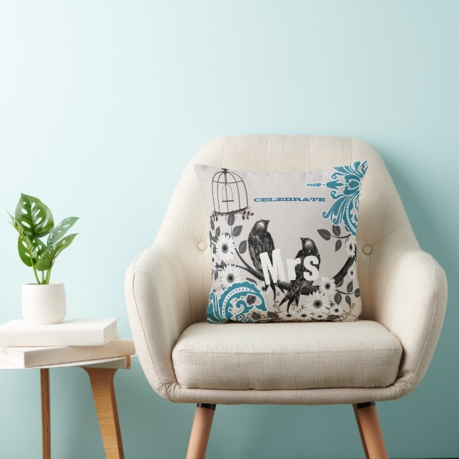 Bride Teal Damask Love Bird  Birdcage Throw Pillow (Chair)