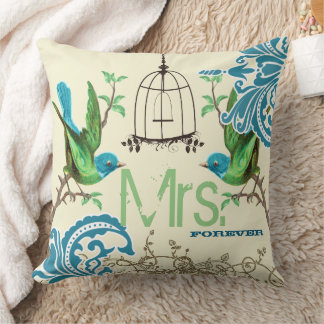 Bride Teal Green Damask Bird Birdcage Mrs. Forever Throw Pillow
