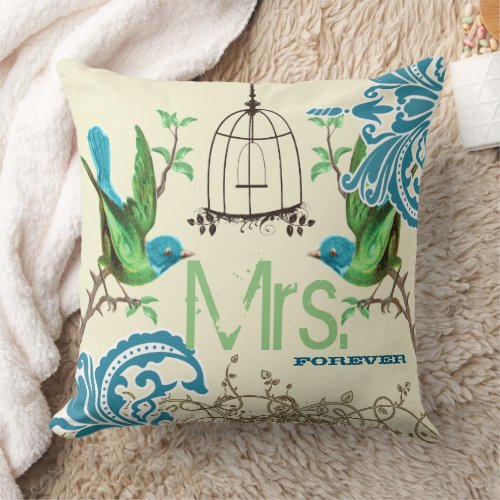 Bride Teal Green Damask Bird Birdcage Mrs Forever Throw Pillow