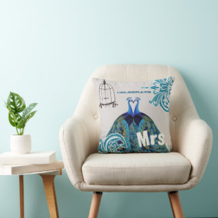 Bride Teal Kissing Love Birds Peacock Birdcage Throw Pillow