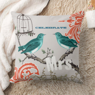 Bride Teal & Tangerine Damask Love Bird  Birdcage Throw Pillow