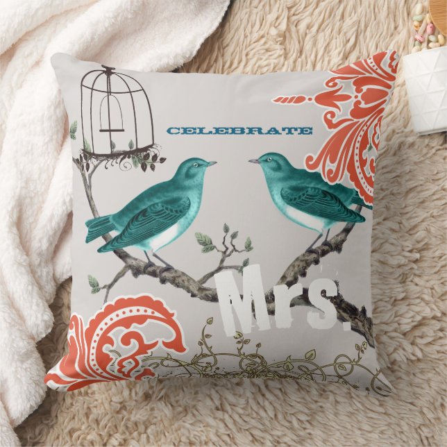 Bride Teal & Tangerine Damask Love Bird  Birdcage Throw Pillow (Blanket)