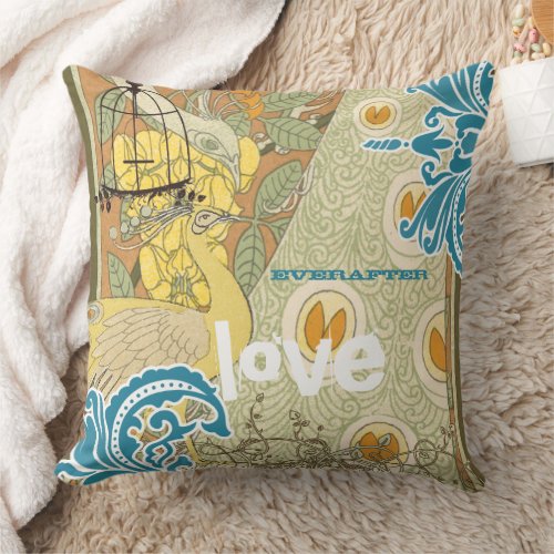 Bride Teal Yellow Coral  Olive Peacock Birdcage Throw Pillow