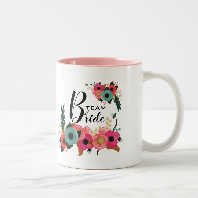 Bride Team. Bridesmaid Modern Floral Custom Two-Tone Coffee Mug (Right)