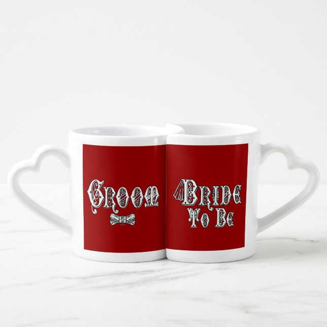 Bride To Be and Groom, Fancy White - Black Outline Coffee Mug Set (Front Nesting)