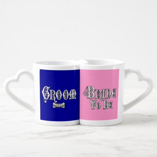 Bride To Be and Groom Fancy White _ Black Outline Coffee Mug Set