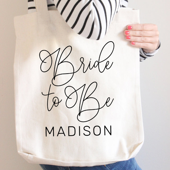 Bride to Be Black Modern Script Custom Wedding Tote Bag