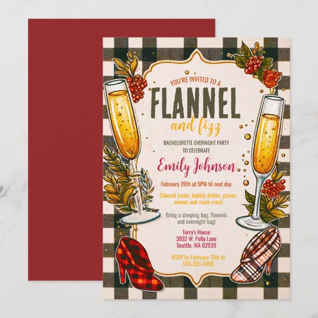 Bride-to-be Flannel and Fizz Bachelorette Party Invitation (Front/Back)