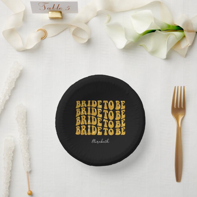 Bride to Be Gold Glitter Text with Name, Black Paper Bowls (Wedding)