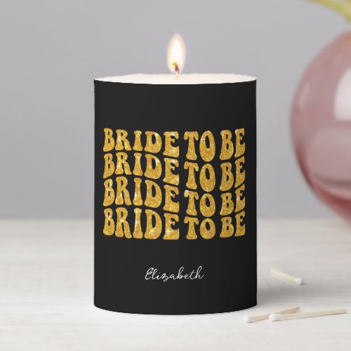 Bride to Be Gold Glitter Text with Name Black Pillar Candle