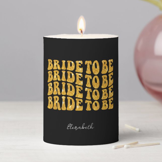 Bride to Be Gold Glitter Text with Name, Black Pillar Candle (In Situ)