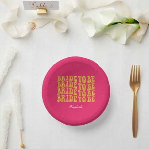 Bride to Be Gold Glitter Text with Name Pink Paper Bowls
