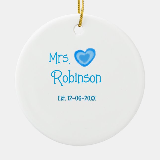 Bride to be Mrs add name date blue heart watercolo Ceramic Ornament (Front)