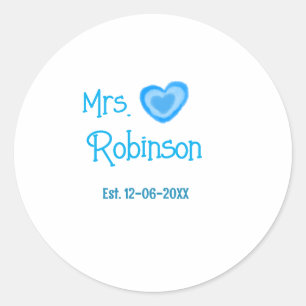Bride to be Mrs add name date blue heart watercolo Classic Round Sticker