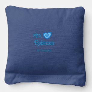 Bride to be Mrs add name date blue heart watercolo Cornhole Bags