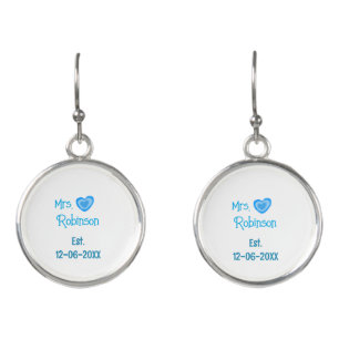 Bride to be Mrs add name date blue heart watercolo Earrings