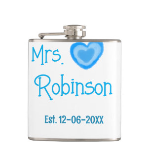 Bride to be Mrs add name date blue heart watercolo Flask