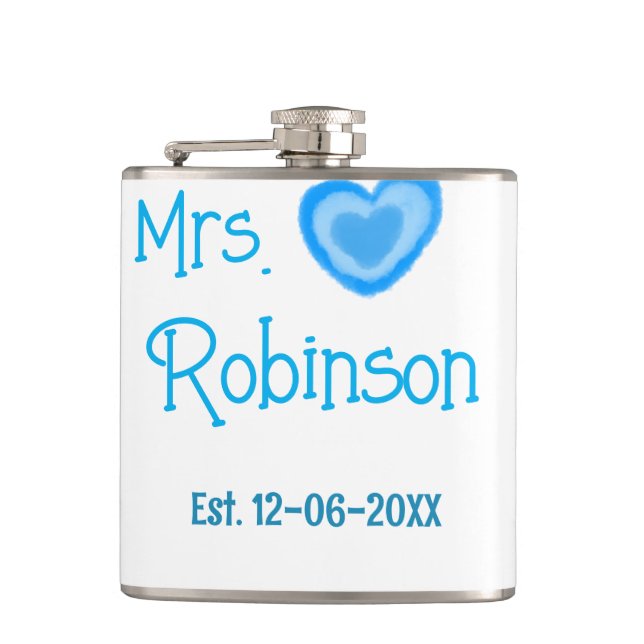 Bride to be Mrs add name date blue heart watercolo Flask (Front)