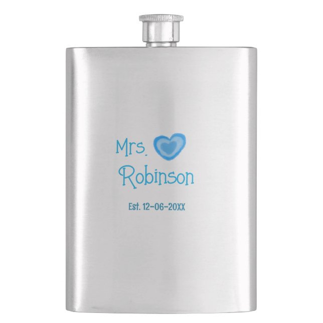 Bride to be Mrs add name date blue heart watercolo Flask (Front)
