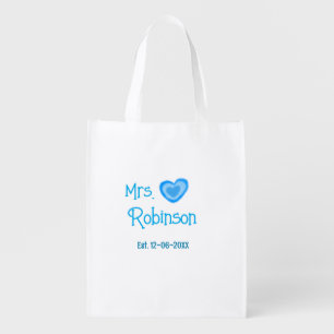 Bride to be Mrs add name date blue heart watercolo Grocery Bag