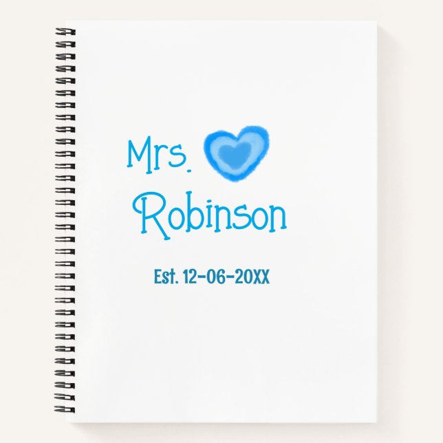 Bride to be Mrs add name date blue heart watercolo Notebook (Front)