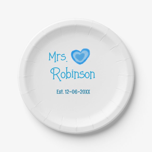 Bride to be Mrs add name date blue heart watercolo Paper Plates (Front)