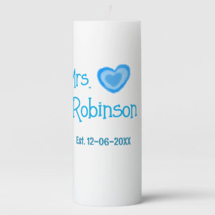 Bride to be Mrs add name date blue heart watercolo Pillar Candle