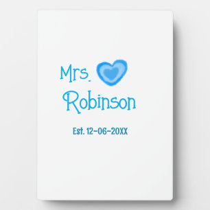 Bride to be Mrs add name date blue heart watercolo Plaque