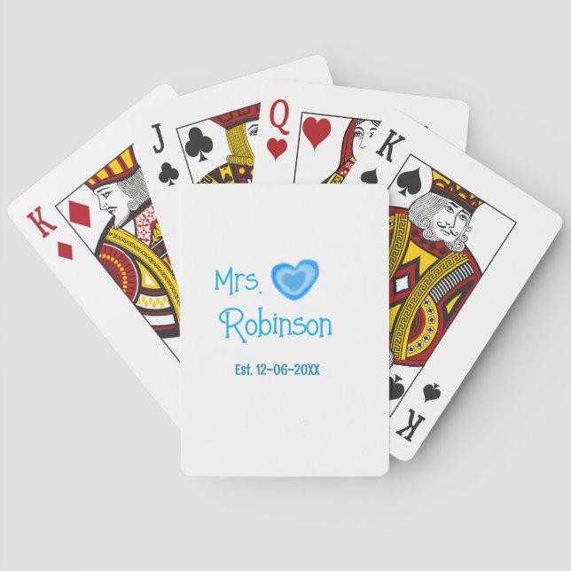 Bride to be Mrs add name date blue heart watercolo Poker Cards (Back)