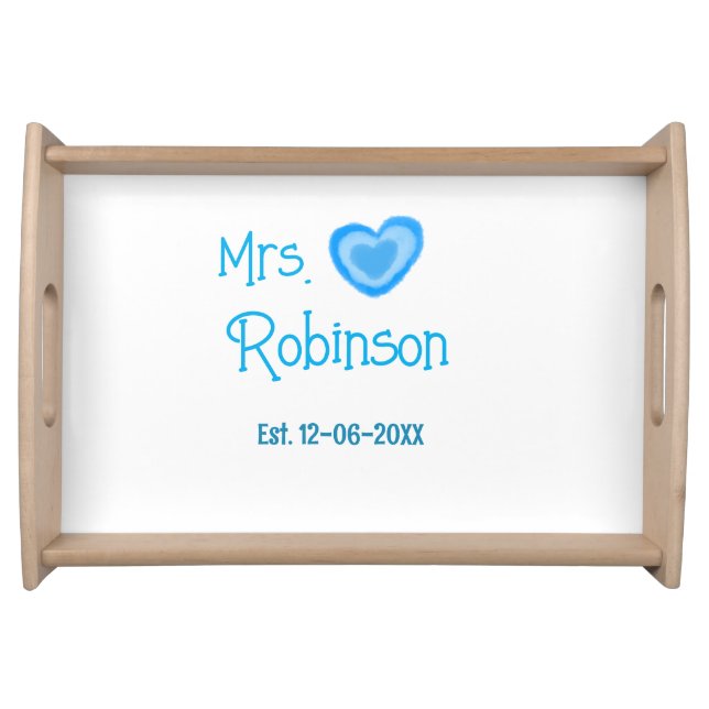 Bride to be Mrs add name date blue heart watercolo Serving Tray (Front)