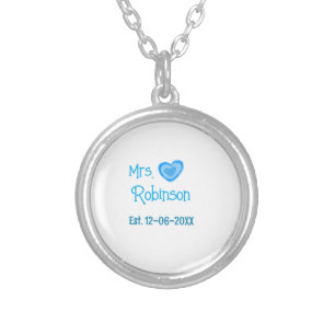Bride to be Mrs add name date blue heart watercolo Silver Plated Necklace