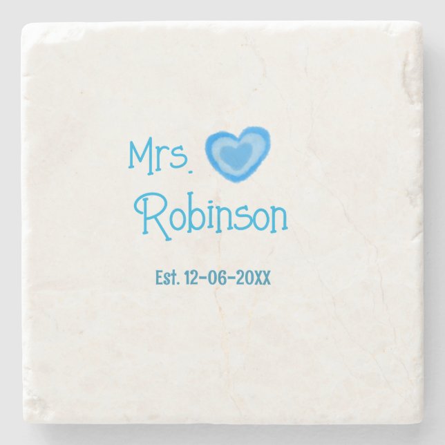Bride to be Mrs add name date blue heart watercolo Stone Coaster (Front)
