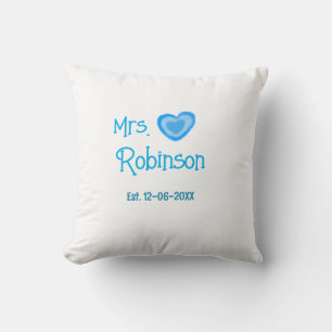 Bride to be Mrs add name date blue heart watercolo Throw Pillow